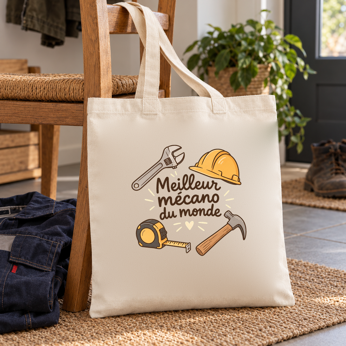 Tote bag mécanicien « Meilleur mécano du monde » Essentiel posé au sol du garage, à côté d'un jean plié