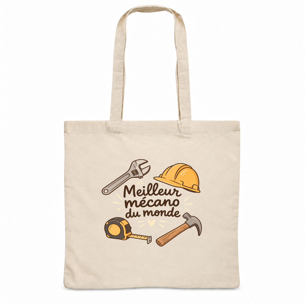 Tote bag mécanicien « Meilleur mécano du monde » Essentiel, sac plat en coton naturel 140 g/m² de 38 × 42 cm, illustration bohème d'un casque de chantier, d'une clé à molette, d'un marteau et d'un mètre ruban