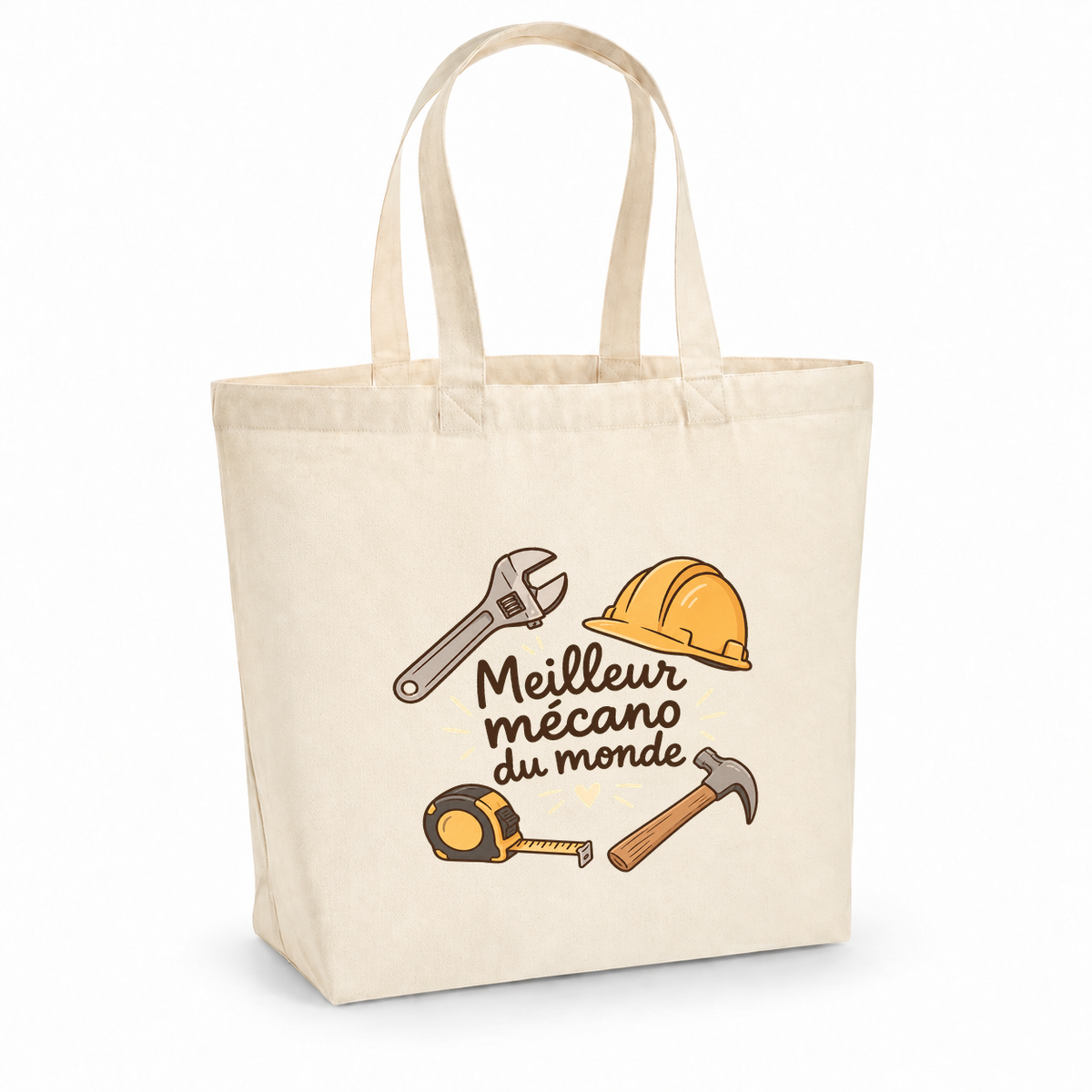 Tote bag mécanicien « Meilleur mécano du monde » Premium, cabas à soufflet en coton naturel 200 g/m² de 18 litres, illustration bohème d'un casque de chantier, d'une clé à molette, d'un marteau et d'un mètre ruban