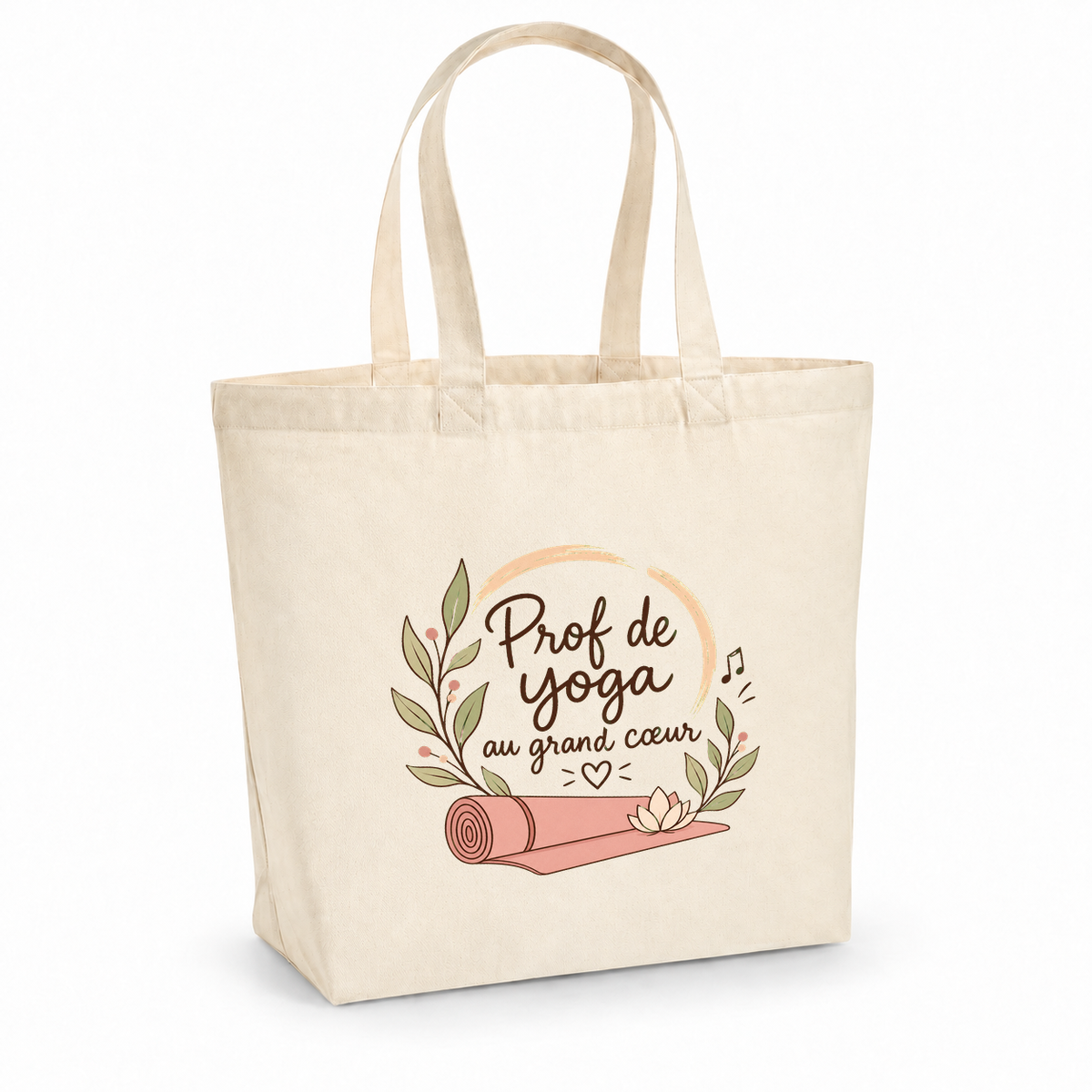 Tote bag prof de yoga « Prof de yoga au grand cœur » Premium, cabas à soufflet en coton naturel 200 g/m² de 18 litres, illustration bohème d'un tapis de yoga, d'une fleur de lotus et d'un cercle zen