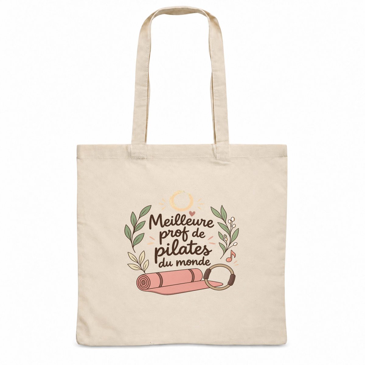 Tote bag prof de pilates « Meilleure prof de pilates du monde » Essentiel, sac plat en coton naturel 140 g/m² de 38 × 42 cm, illustration bohème d'un tapis, d'un anneau de pilates et de feuillages