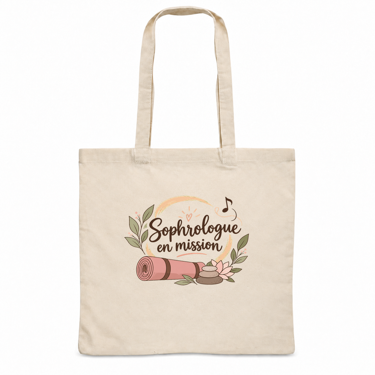 Tote bag sophrologue « Sophrologue en mission » Essentiel, sac plat en coton naturel 140 g/m² de 38 × 42 cm, illustration bohème d'un tapis, de galets empilés, d'une fleur de lotus et d'un cercle zen