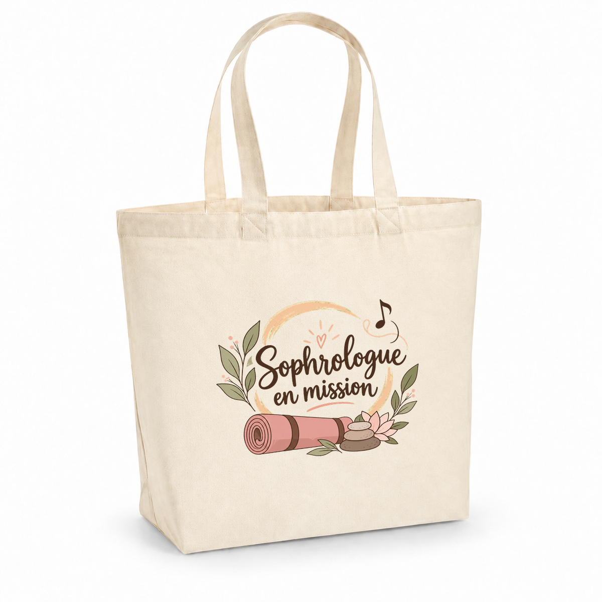 Tote bag sophrologue « Sophrologue en mission » Premium, cabas à soufflet en coton naturel 200 g/m² de 18 litres, illustration bohème d'un tapis, de galets empilés, d'une fleur de lotus et d'un cercle zen