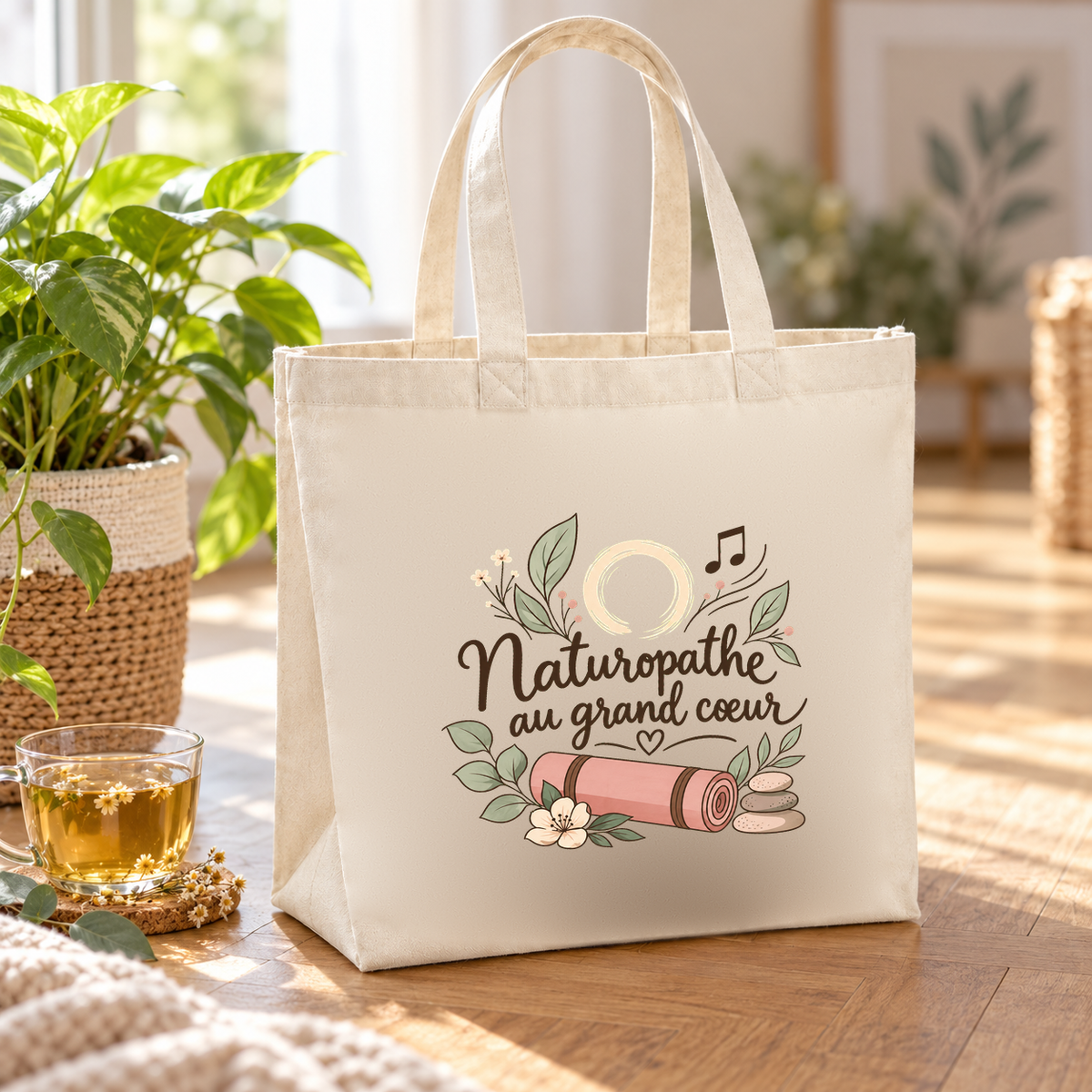 Tote bag naturopathe « Naturopathe au grand cœur » Premium posé sur une table en bois, à côté d'une tasse de tisane