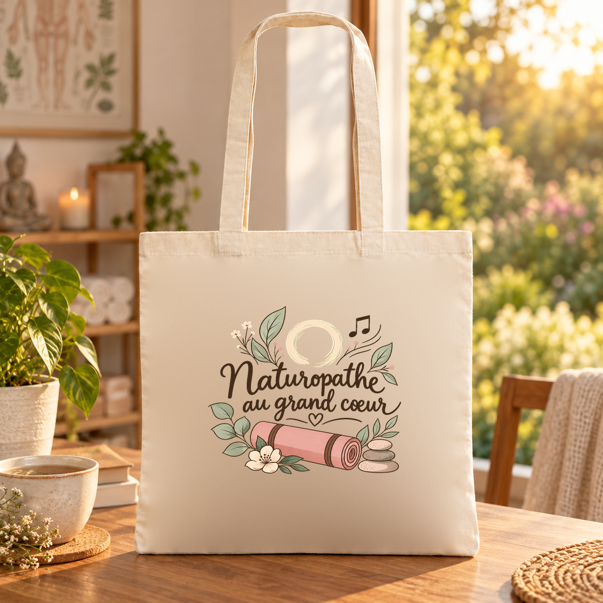 Tote bag naturopathe « Naturopathe au grand cœur » Essentiel posé sur une table au soleil, à côté d'une tasse