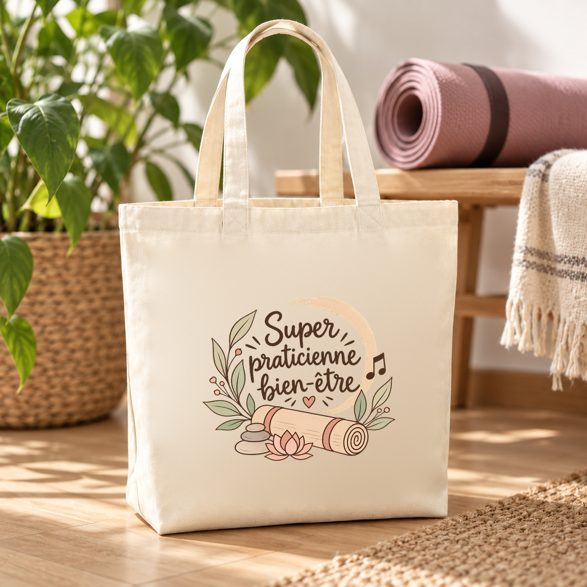 Tote bag praticienne bien-être « Super praticienne bien-être » Premium posé sur une terrasse, à côté d'un tapis de yoga roulé