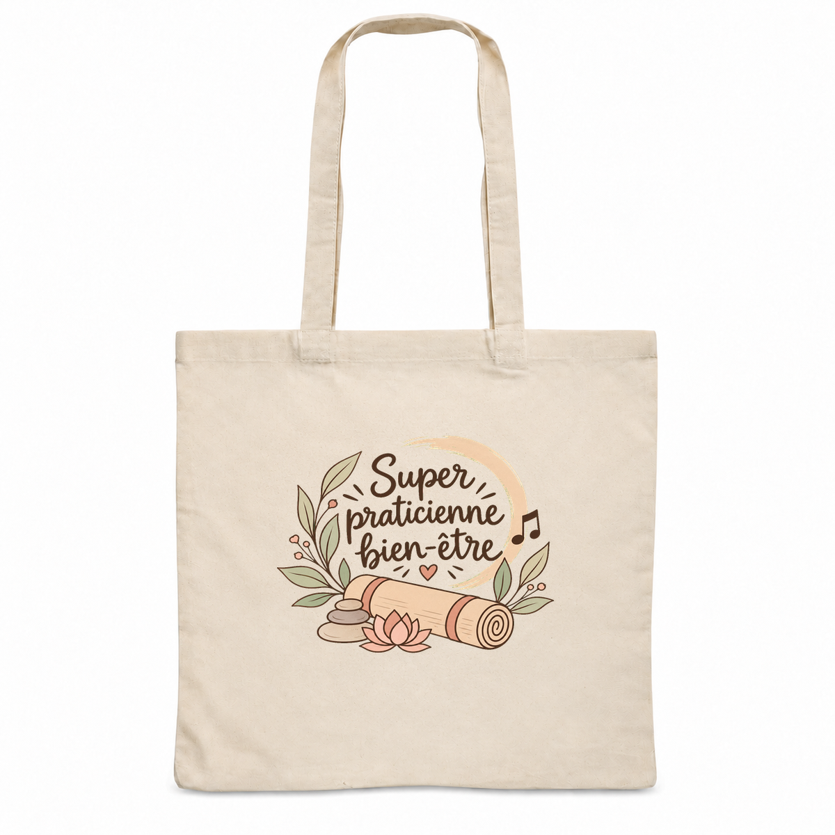 Tote bag praticienne bien-être « Super praticienne bien-être » Essentiel, sac plat en coton naturel 140 g/m² de 38 × 42 cm, illustration bohème d'un tapis roulé, de galets et d'une fleur de lotus