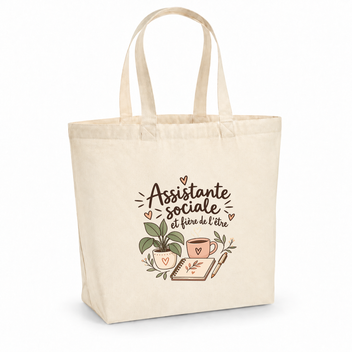 Tote bag assistante sociale « Assistante sociale et fière de l'être » Premium, cabas à soufflet en coton naturel 200 g/m² de 18 litres, illustration bohème d'une tasse de café, d'un carnet, d'un stylo et d'une plante en pot