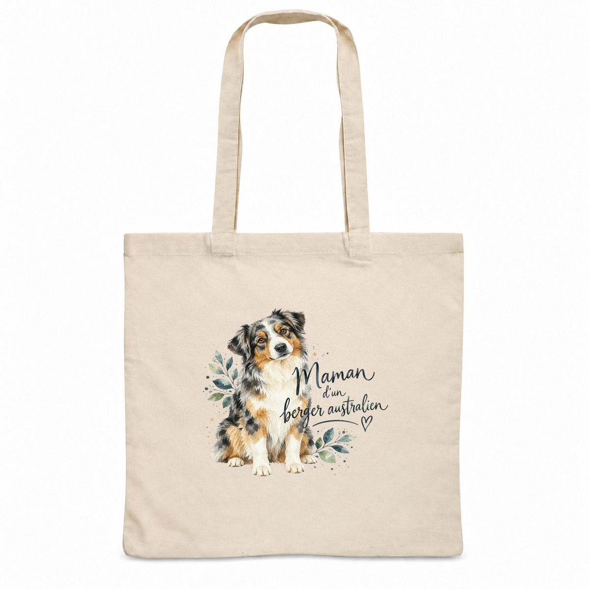 Tote bag berger australien « Maman d'un berger australien » Essentiel, sac plat en coton naturel 140 g/m² de 38 × 42 cm, portrait à l'aquarelle d'un berger australien bleu merle assis
