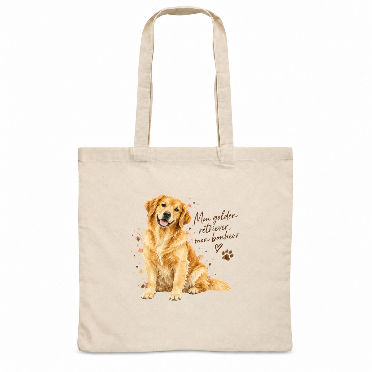 Tote bag golden retriever « Mon golden retriever, mon bonheur » Essentiel, sac plat en coton naturel 140 g/m² de 38 × 42 cm, portrait à l'aquarelle d'un golden retriever assis