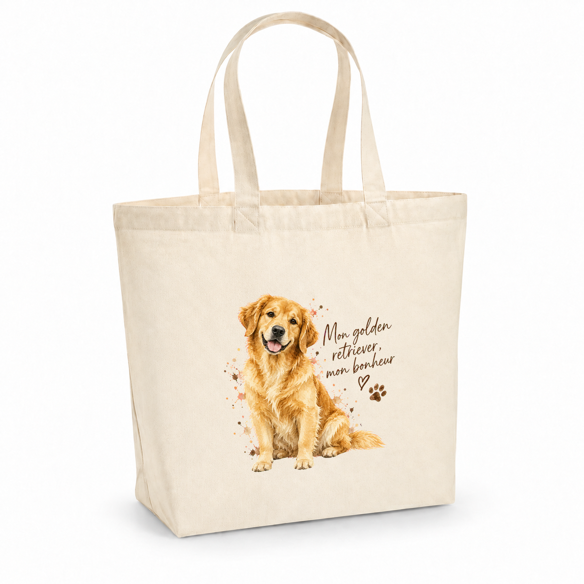 Tote bag golden retriever « Mon golden retriever, mon bonheur » Premium, cabas à soufflet en coton naturel 200 g/m² de 18 litres, portrait à l'aquarelle d'un golden retriever assis