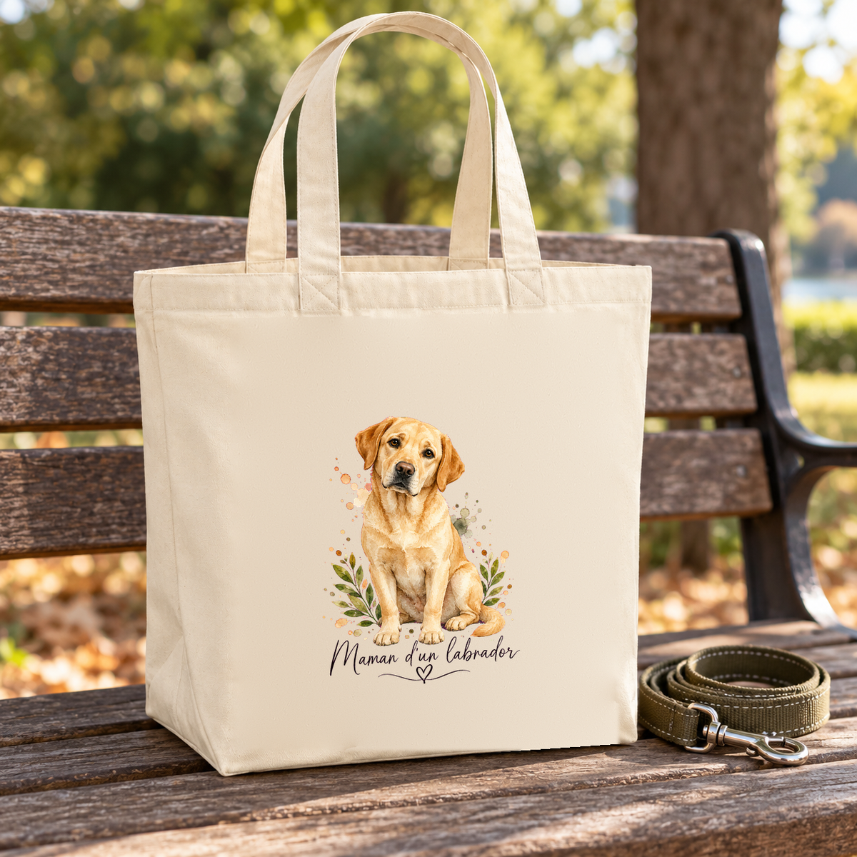 Tote bag labrador « Maman d'un labrador » Premium posé sur un banc de parc, à côté d'une laisse