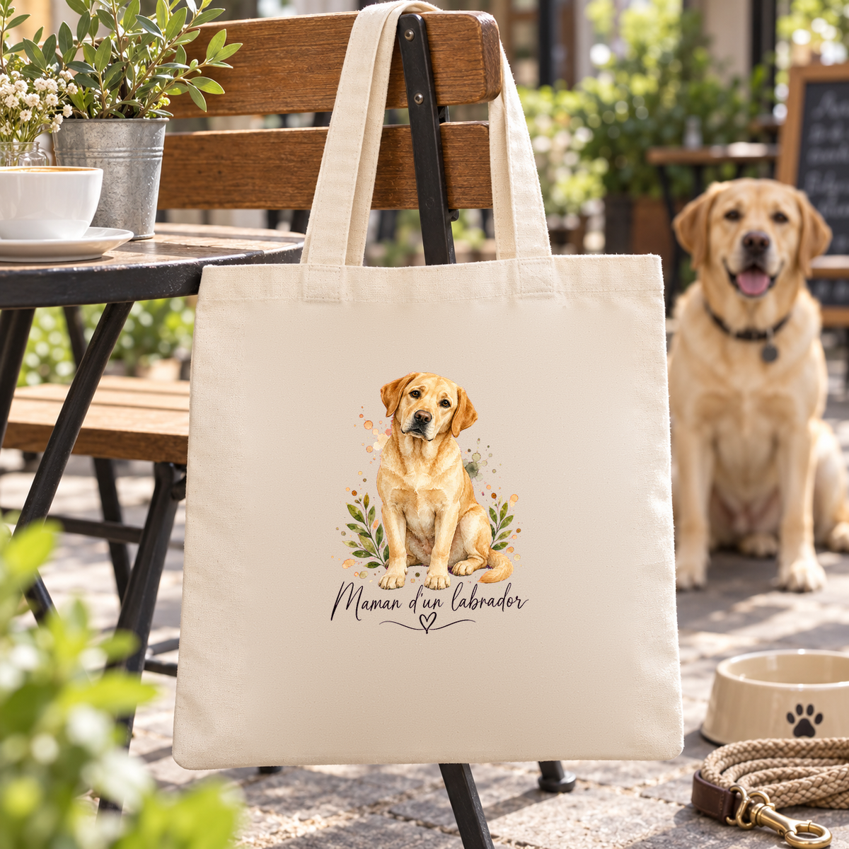Tote bag labrador « Maman d'un labrador » Essentiel suspendu à une chaise de terrasse, un labrador assis à côté