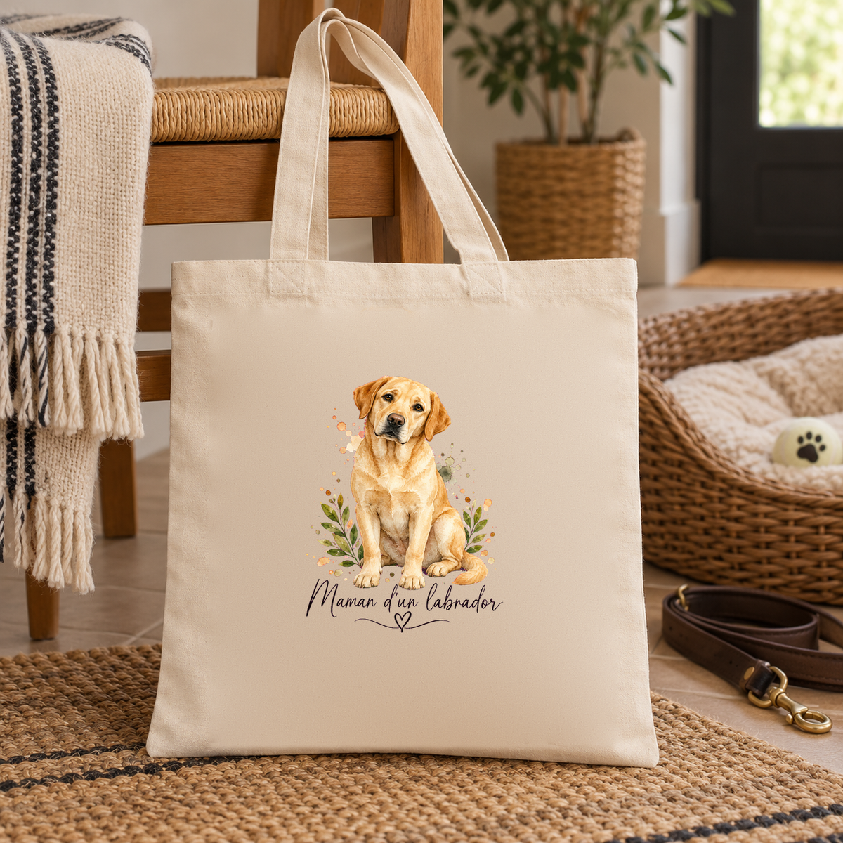 Tote bag labrador « Maman d'un labrador » Essentiel posé sur un tapis d'entrée, à côté d'un panier pour chien et d'une laisse