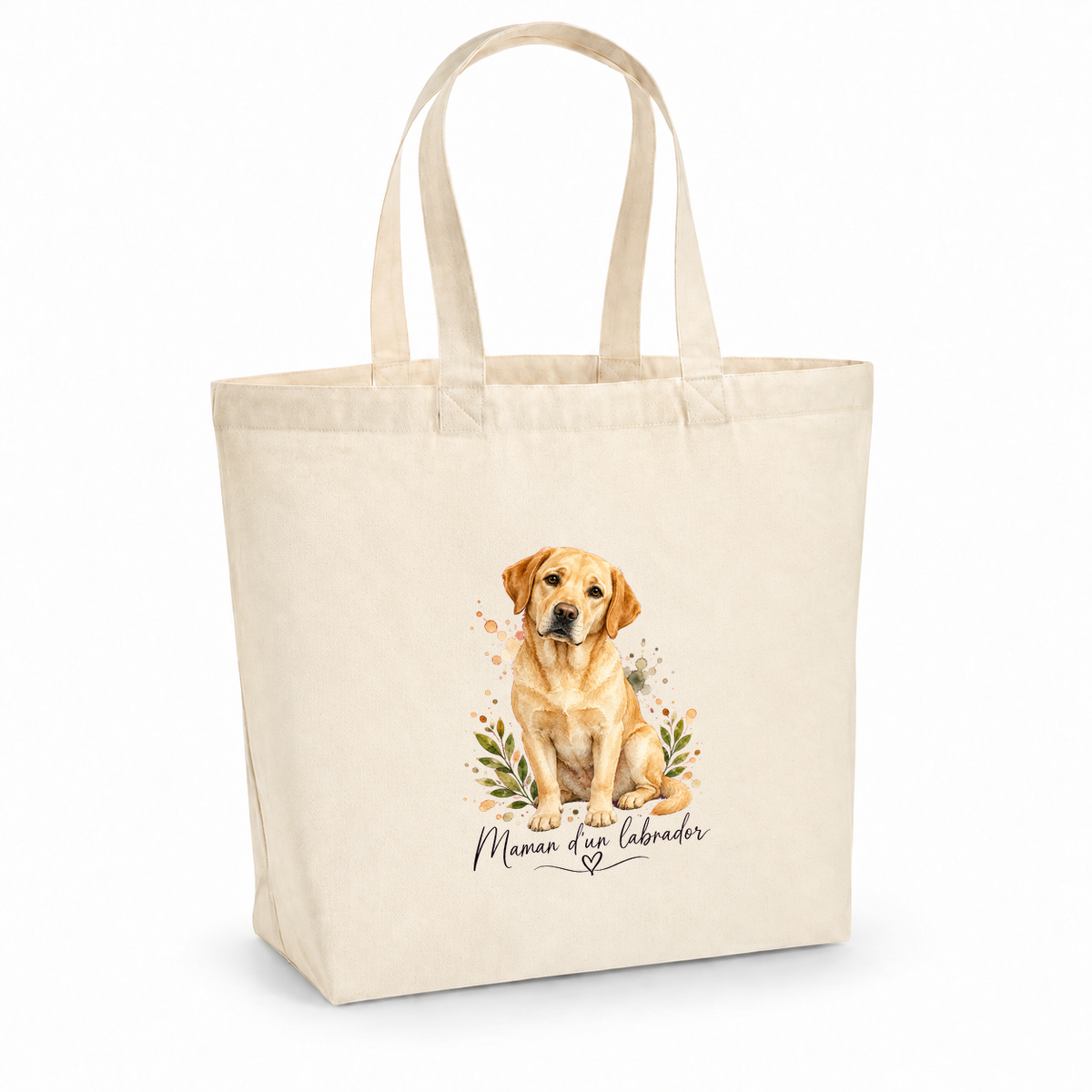 Tote bag labrador « Maman d'un labrador » Premium, cabas à soufflet en coton naturel 200 g/m² de 18 litres, portrait à l'aquarelle d'un labrador sable assis