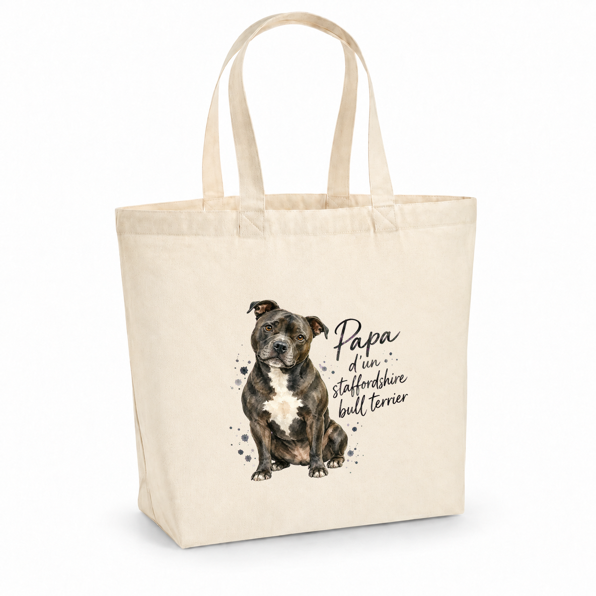 Tote bag staffordshire bull terrier « Papa d'un staffordshire bull terrier » Premium, cabas à soufflet en coton naturel 200 g/m² de 18 litres, portrait à l'aquarelle d'un staffordshire bull terrier bringé assis