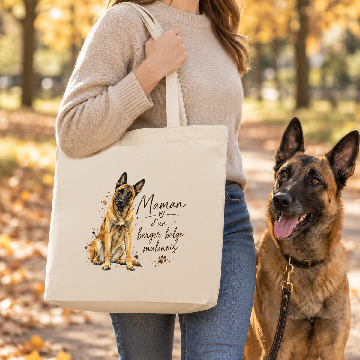 Tote bag berger belge malinois « Maman d'un berger belge malinois » Premium porté à l'épaule en balade en forêt, avec son malinois