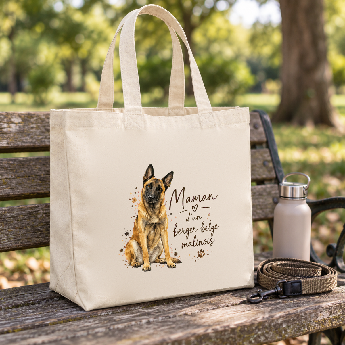 Tote bag berger belge malinois « Maman d'un berger belge malinois » Premium posé sur un banc de parc, à côté d'une gourde et d'une laisse