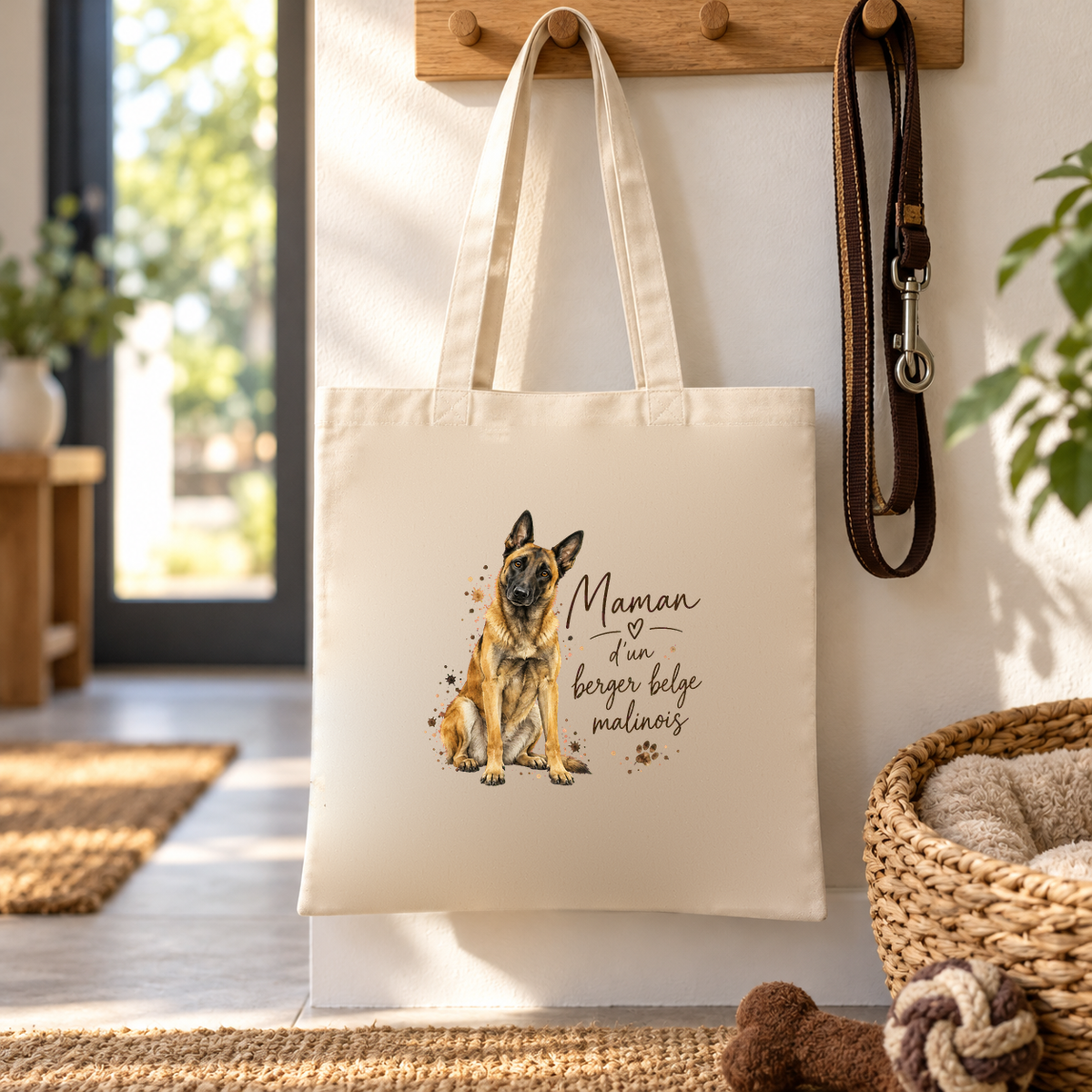 Tote bag berger belge malinois « Maman d'un berger belge malinois » Essentiel suspendu à une patère d'entrée, au-dessus d'un panier et d'un jouet