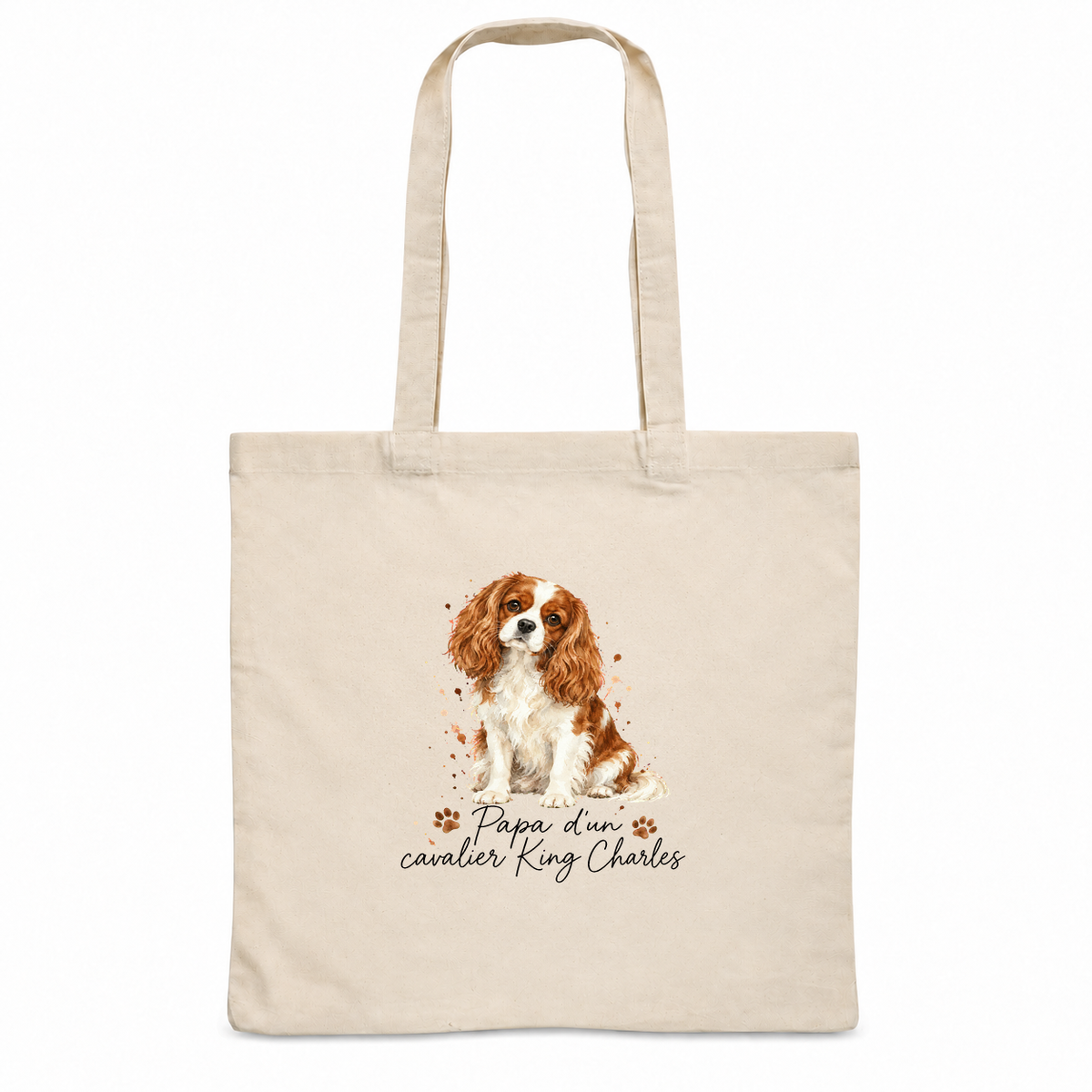 Tote bag cavalier King Charles « Papa d'un cavalier King Charles » Essentiel, sac plat en coton naturel 140 g/m² de 38 × 42 cm, portrait à l'aquarelle d'un cavalier King Charles blenheim assis