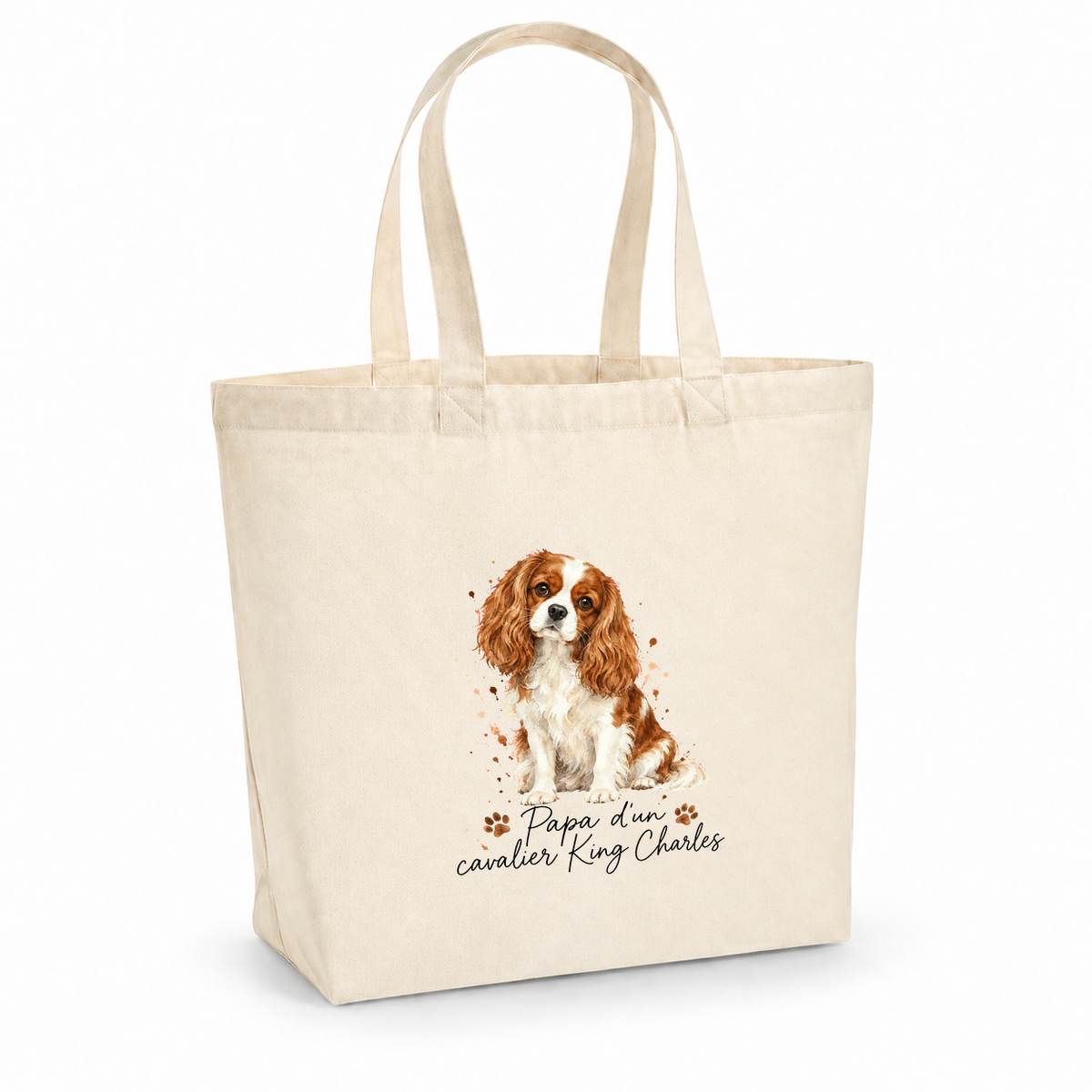 Tote bag cavalier King Charles « Papa d'un cavalier King Charles » Premium, cabas à soufflet en coton naturel 200 g/m² de 18 litres, portrait à l'aquarelle d'un cavalier King Charles blenheim assis