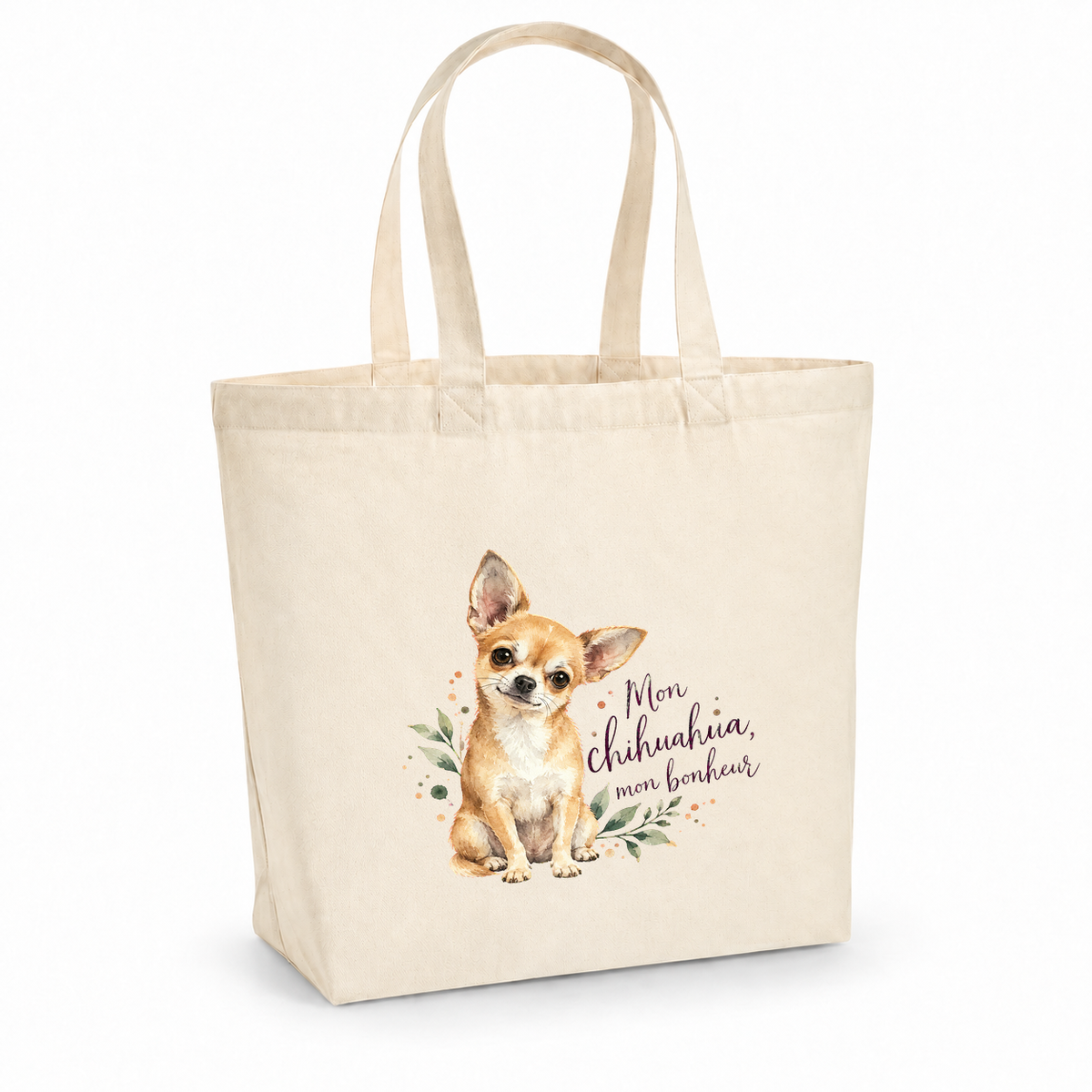 Tote bag chihuahua « Mon chihuahua, mon bonheur » Premium, cabas à soufflet en coton naturel 200 g/m² de 18 litres, portrait à l'aquarelle d'un chihuahua fauve assis