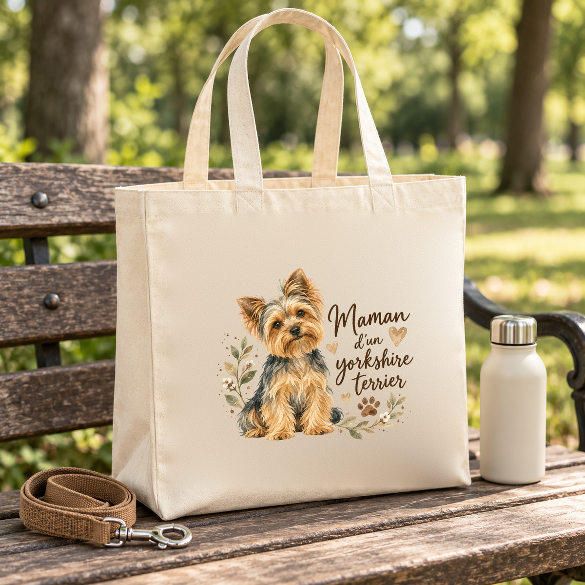 Tote bag yorkshire terrier « Maman d'un yorkshire terrier » Premium posé sur un banc de parc, à côté d'une gourde et d'une laisse