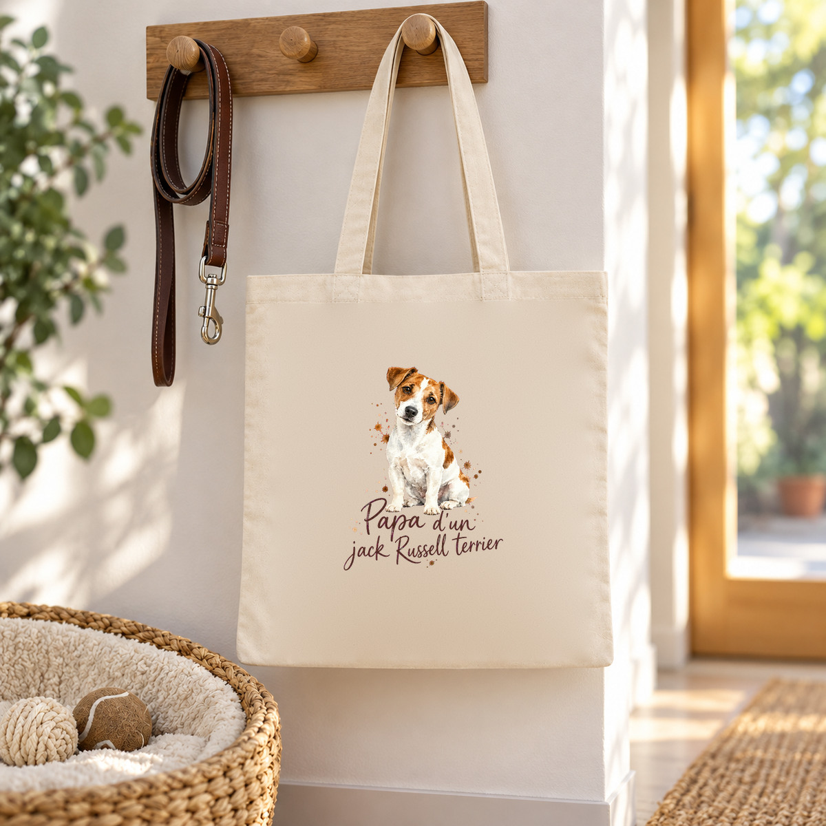 Tote bag jack russell terrier « Papa d'un jack Russell terrier » Essentiel suspendu à une patère d'entrée, au-dessus d'un panier