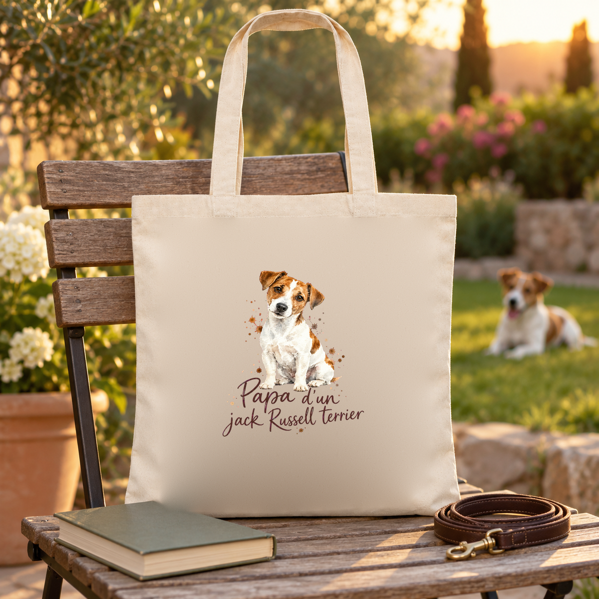Tote bag jack russell terrier « Papa d'un jack Russell terrier » Essentiel posé sur une table de jardin, à côté d'un livre et d'une laisse