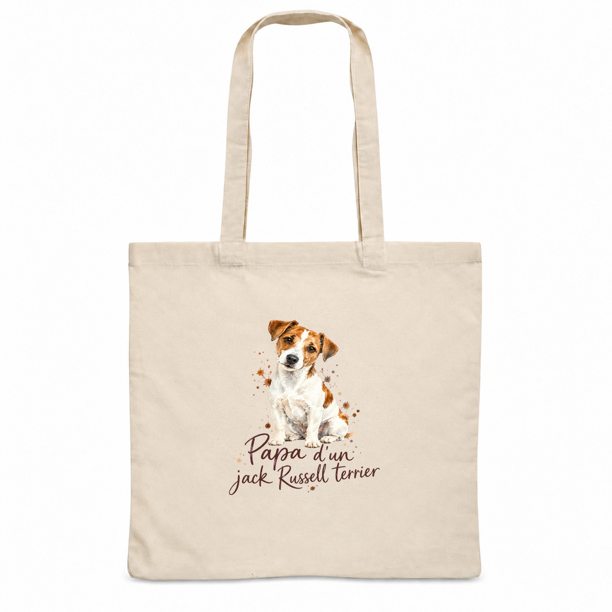 Tote bag jack russell terrier « Papa d'un jack Russell terrier » Essentiel, sac plat en coton naturel 140 g/m² de 38 × 42 cm, portrait à l'aquarelle d'un jack russell terrier blanc et feu assis