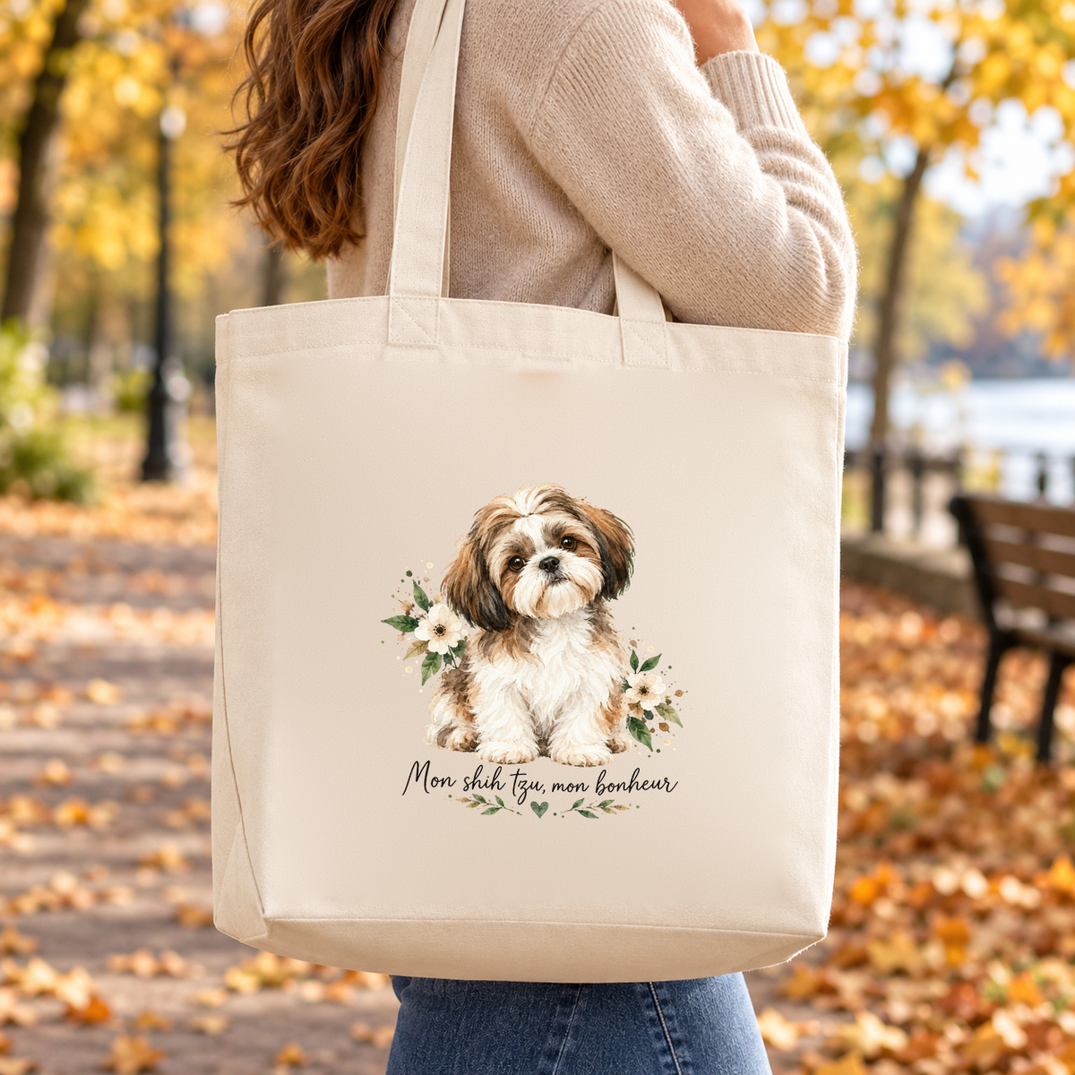 Tote bag shih tzu « Mon shih tzu, mon bonheur » Premium porté à l'épaule lors d'une balade d'automne dans un parc