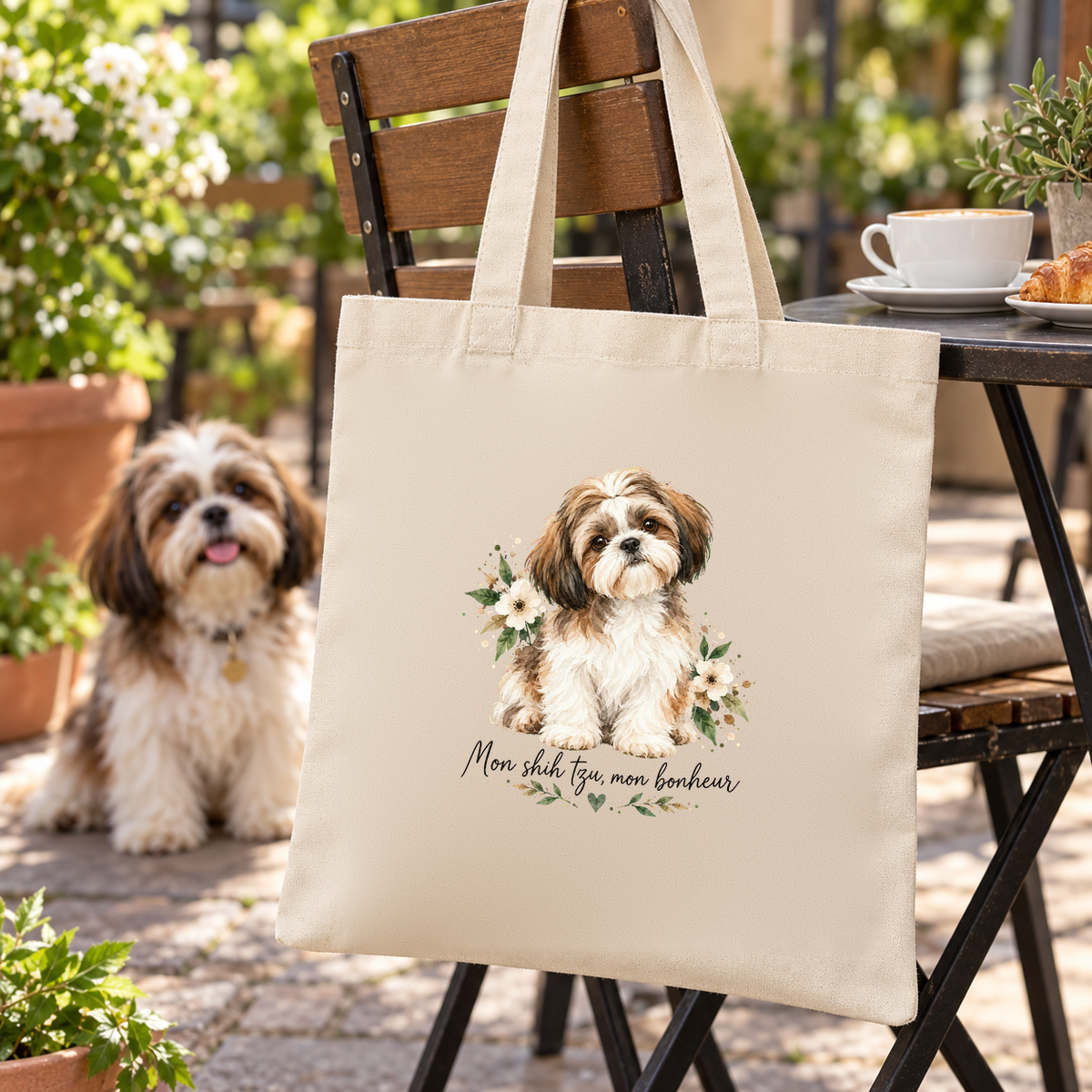 Tote bag shih tzu « Mon shih tzu, mon bonheur » Essentiel suspendu à une chaise de terrasse, un shih tzu assis à côté