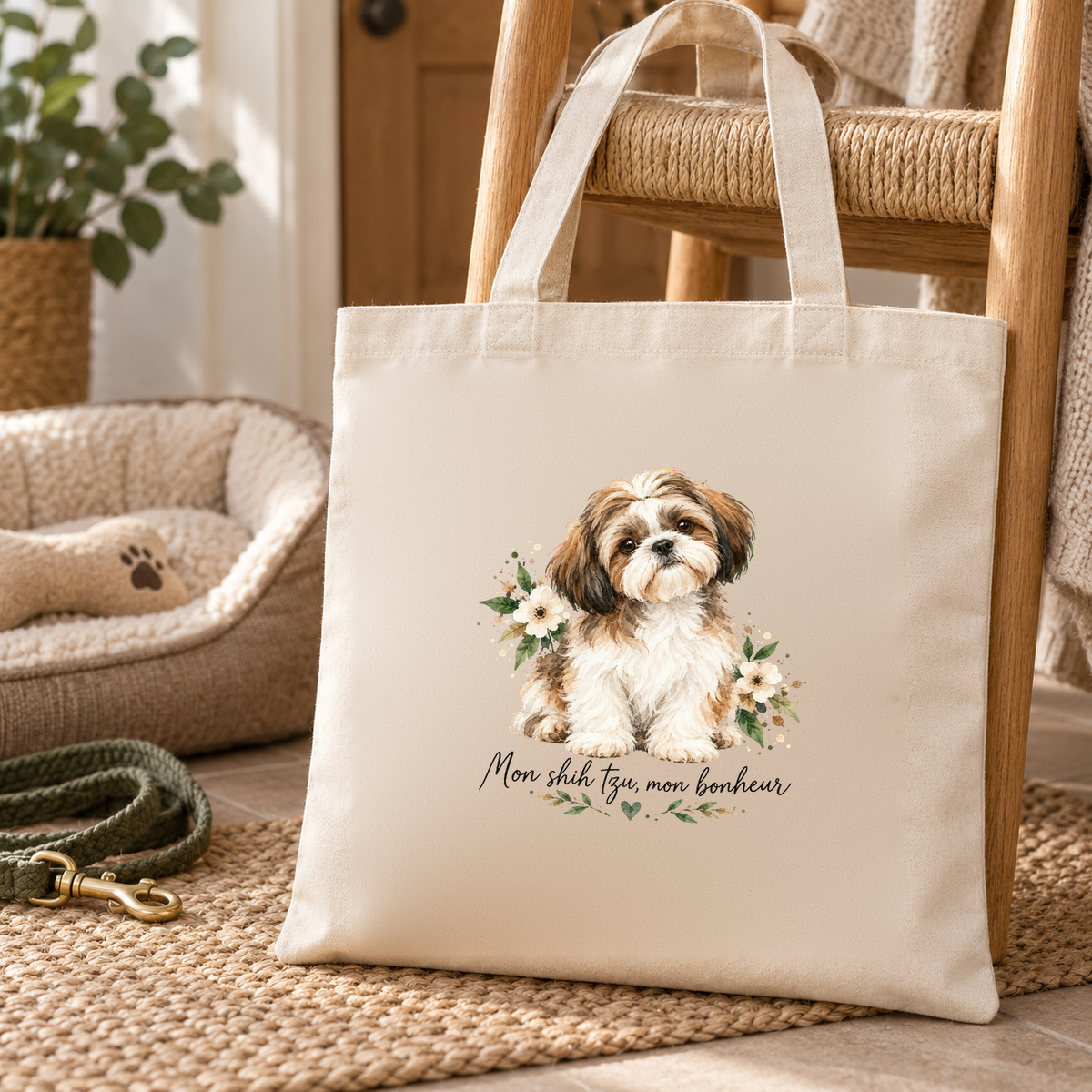 Tote bag shih tzu « Mon shih tzu, mon bonheur » Essentiel posé sur un tapis d'entrée, à côté d'un panier pour chien et d'une laisse