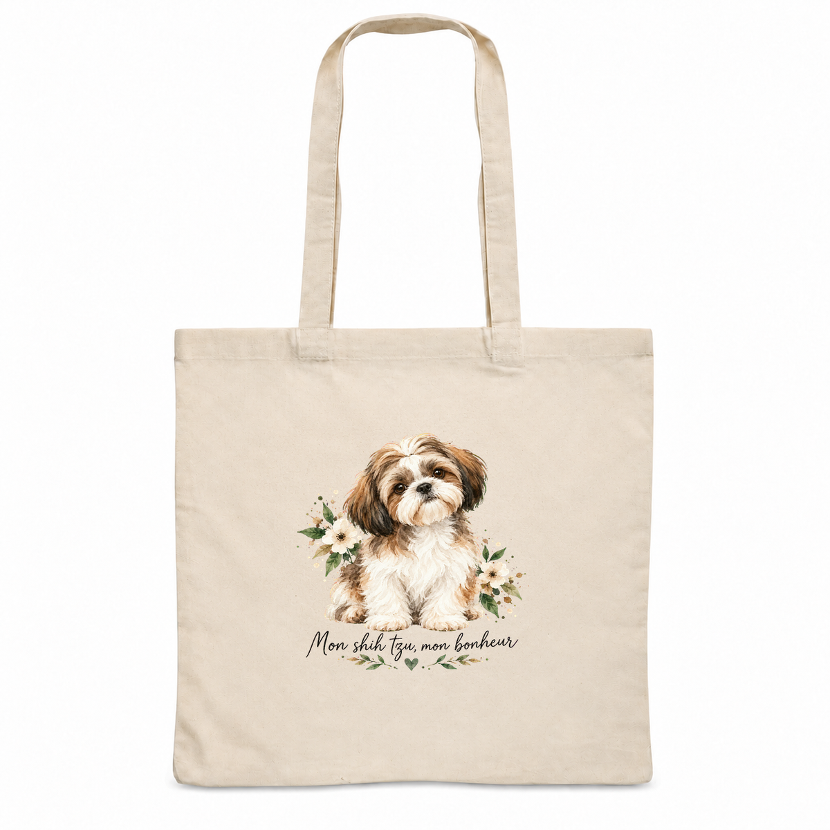 Tote bag shih tzu « Mon shih tzu, mon bonheur » Essentiel, sac plat en coton naturel 140 g/m² de 38 × 42 cm, portrait à l'aquarelle d'un shih tzu brun et blanc assis
