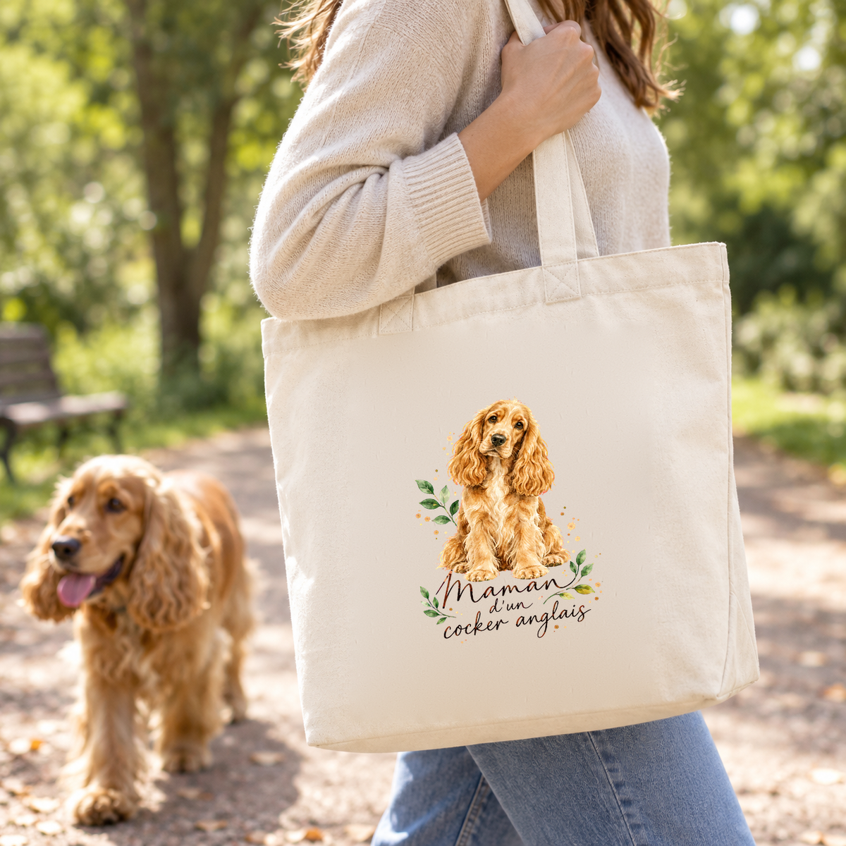 Tote bag cocker anglais « Maman d'un cocker anglais » Premium porté à l'épaule en balade dans un jardin, avec son cocker