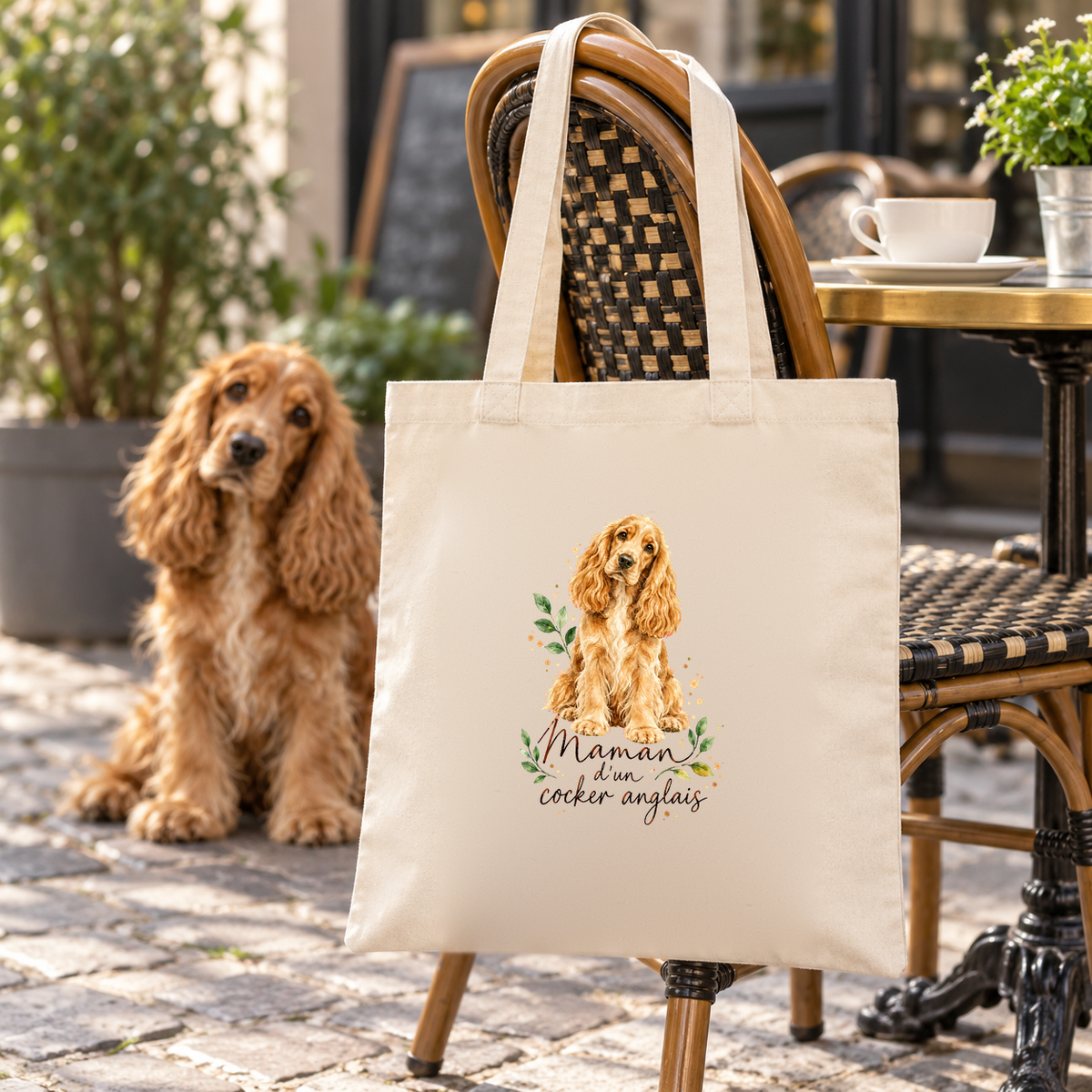 Tote bag cocker anglais « Maman d'un cocker anglais » Essentiel suspendu à une chaise de terrasse de café, à côté de son cocker