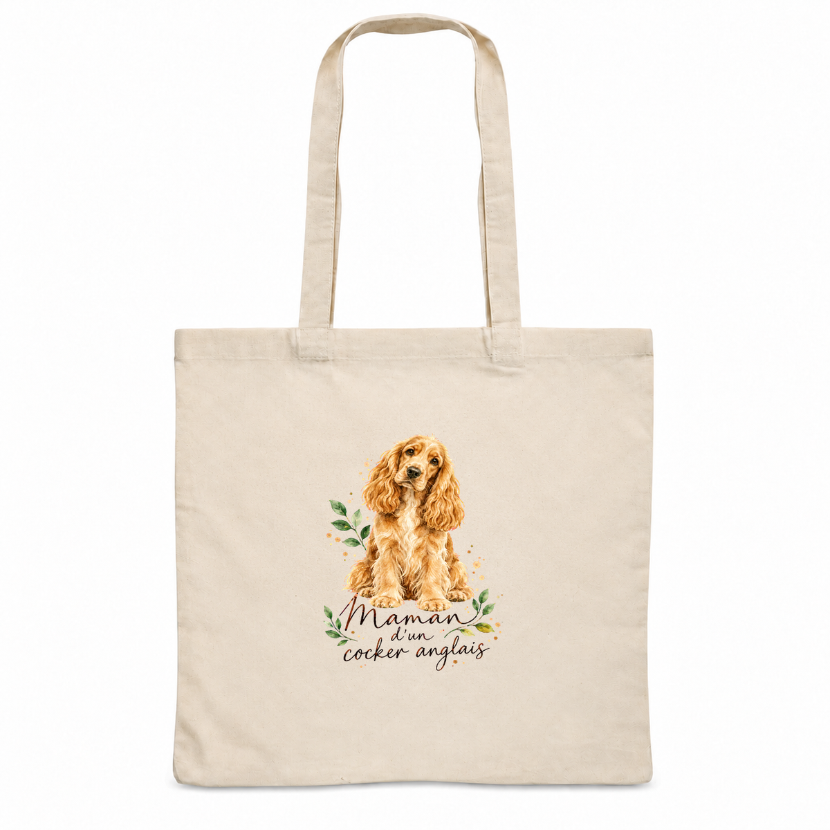 Tote bag cocker anglais « Maman d'un cocker anglais » Essentiel, sac plat en coton naturel 140 g/m² de 38 × 42 cm, portrait à l'aquarelle d'un cocker anglais roux assis