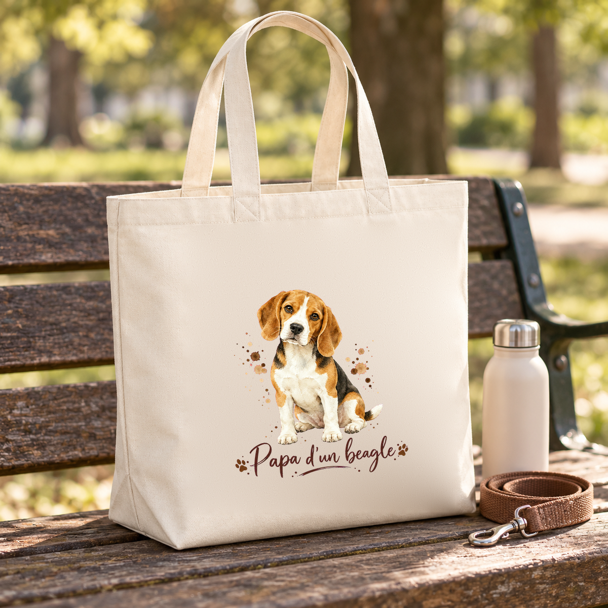 Tote bag beagle « Papa d'un beagle » Premium posé sur un banc de parc, à côté d'une gourde et d'une laisse