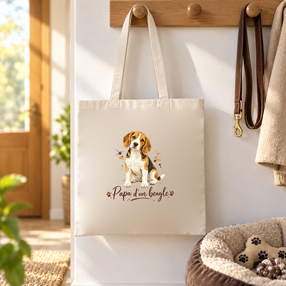 Tote bag beagle « Papa d'un beagle » Essentiel suspendu à une patère d'entrée, au-dessus d'un panier