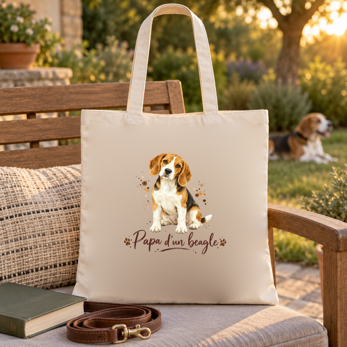 Tote bag beagle « Papa d'un beagle » Essentiel posé sur un banc de jardin, à côté d'un livre et d'une laisse