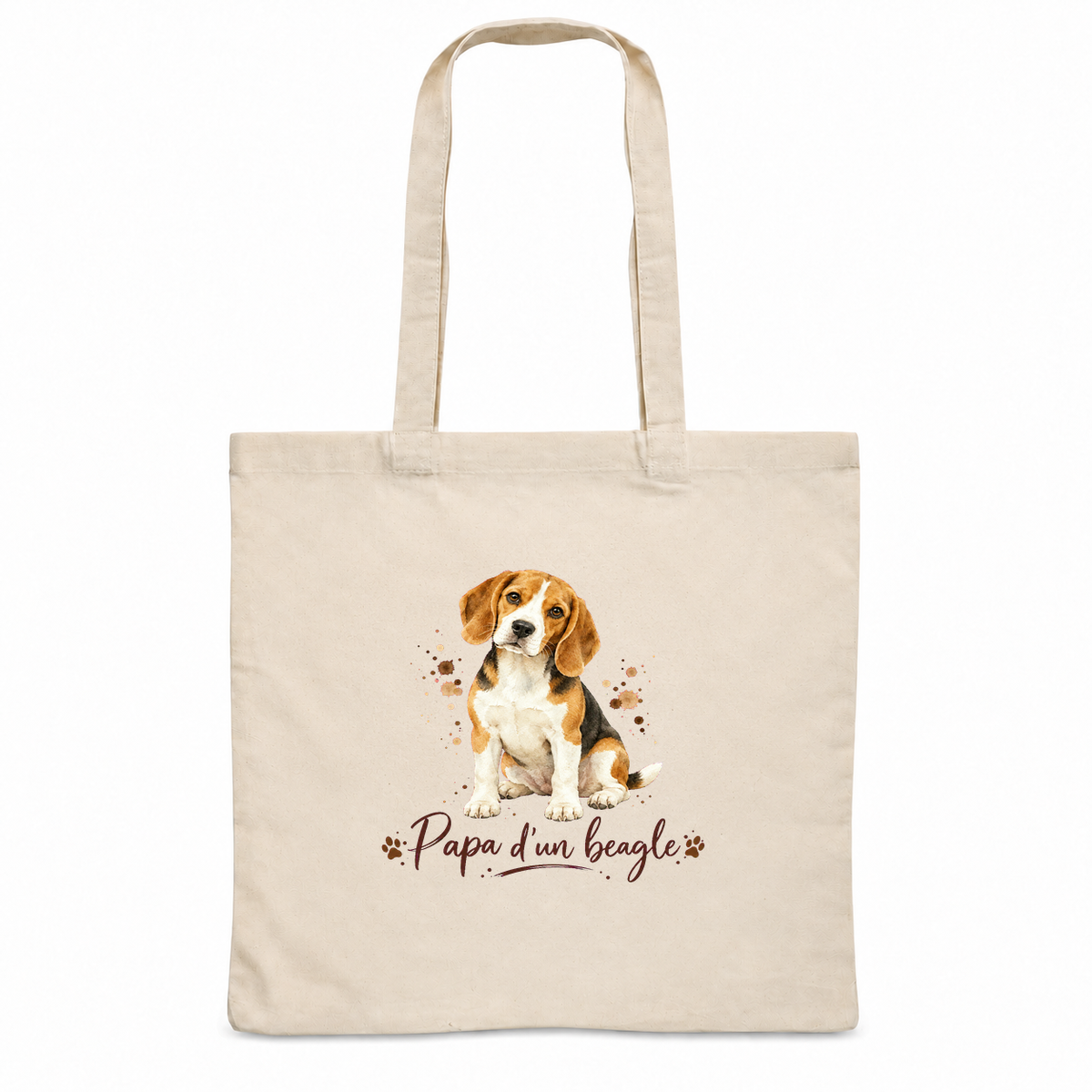 Tote bag beagle « Papa d'un beagle » Essentiel, sac plat en coton naturel 140 g/m² de 38 × 42 cm, portrait à l'aquarelle d'un beagle tricolore assis