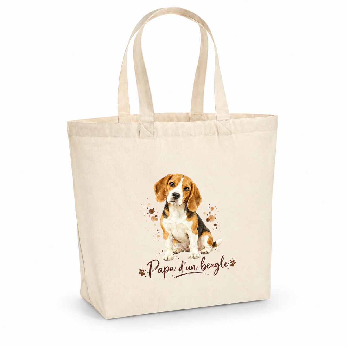 Tote bag beagle « Papa d'un beagle » Premium, cabas à soufflet en coton naturel 200 g/m² de 18 litres, portrait à l'aquarelle d'un beagle tricolore assis