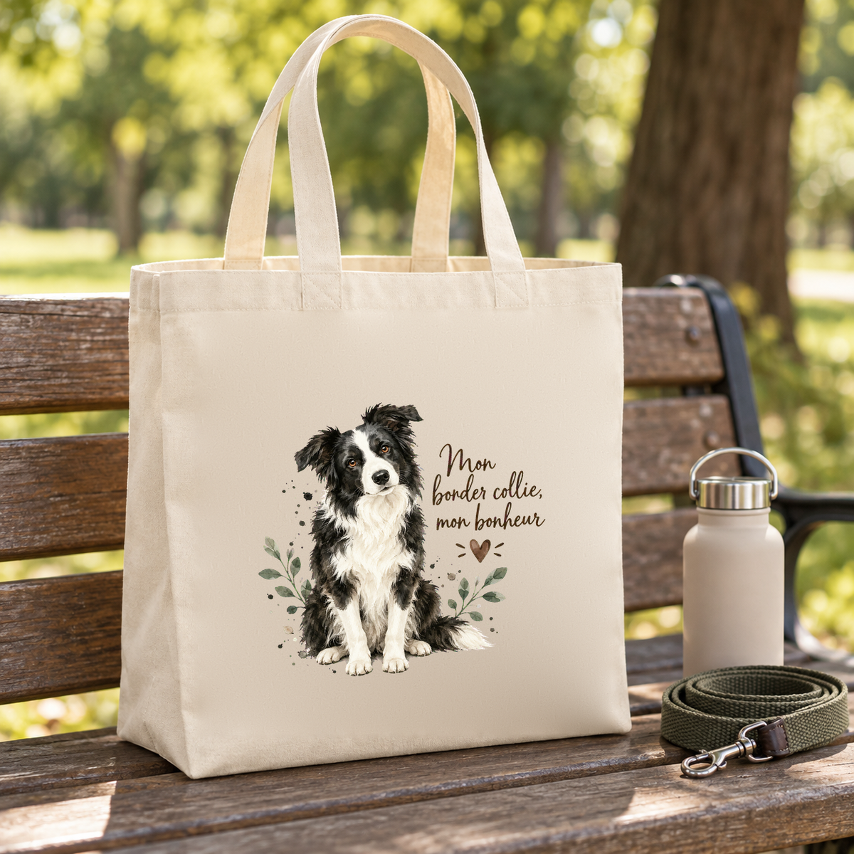 Tote bag border collie « Mon border collie, mon bonheur » Premium posé sur un banc de parc, à côté d'une gourde et d'une laisse