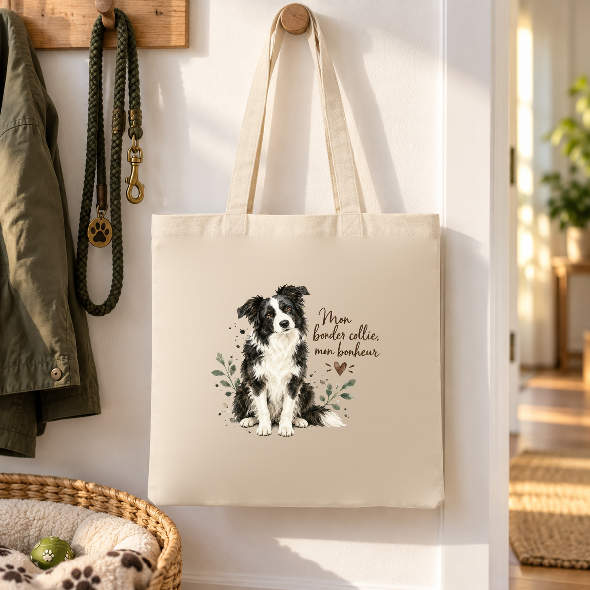 Tote bag border collie « Mon border collie, mon bonheur » Essentiel suspendu à une patère d'entrée, au-dessus d'un panier