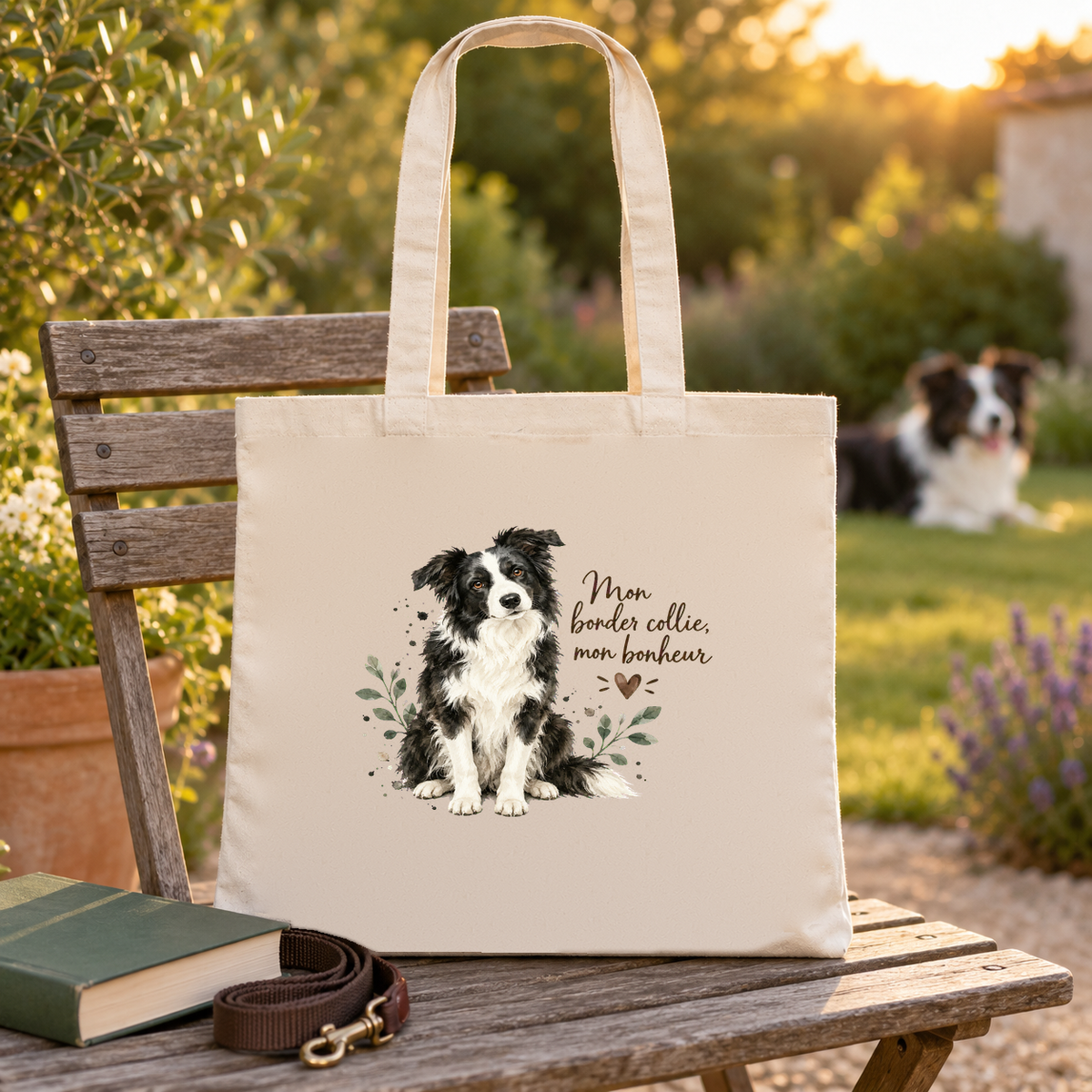 Tote bag border collie « Mon border collie, mon bonheur » Essentiel posé sur un banc de jardin, à côté d'un livre et d'une laisse