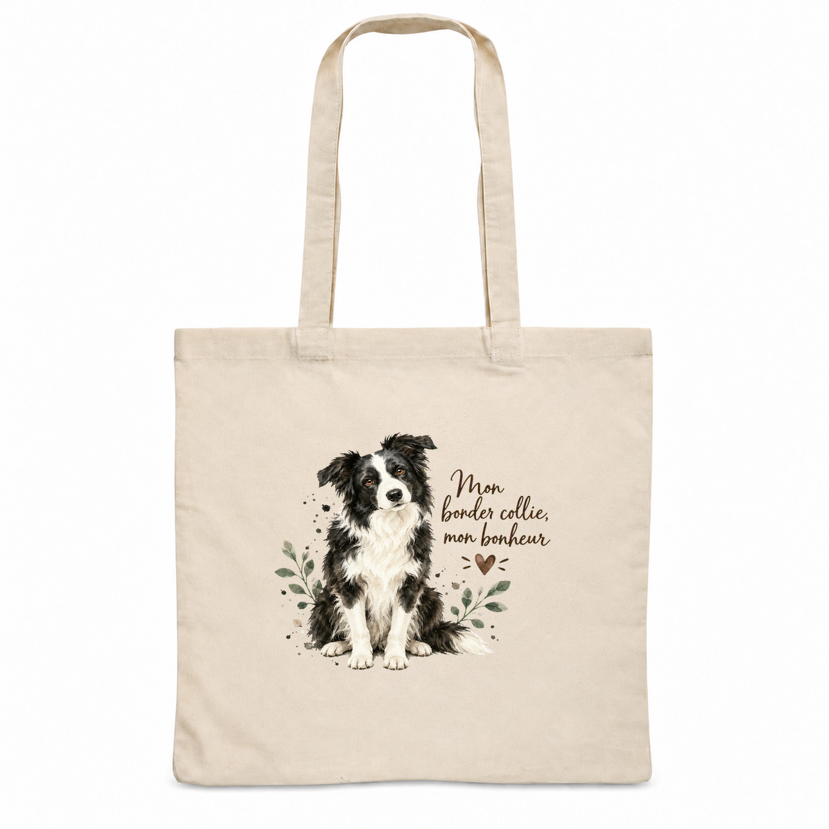 Tote bag border collie « Mon border collie, mon bonheur » Essentiel, sac plat en coton naturel 140 g/m² de 38 × 42 cm, portrait à l'aquarelle d'un border collie noir et blanc assis