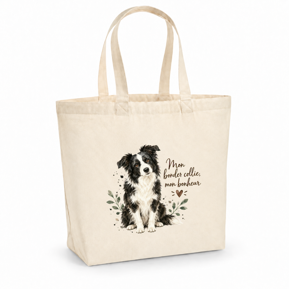 Tote bag border collie « Mon border collie, mon bonheur » Premium, cabas à soufflet en coton naturel 200 g/m² de 18 litres, portrait à l'aquarelle d'un border collie noir et blanc assis