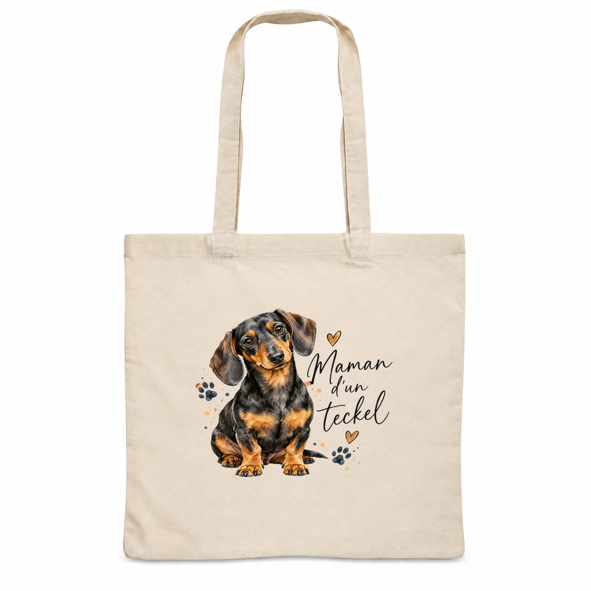 Tote bag teckel « Maman d'un teckel » Essentiel, sac plat en coton naturel 140 g/m² de 38 × 42 cm, portrait à l'aquarelle d'un teckel noir et feu assis