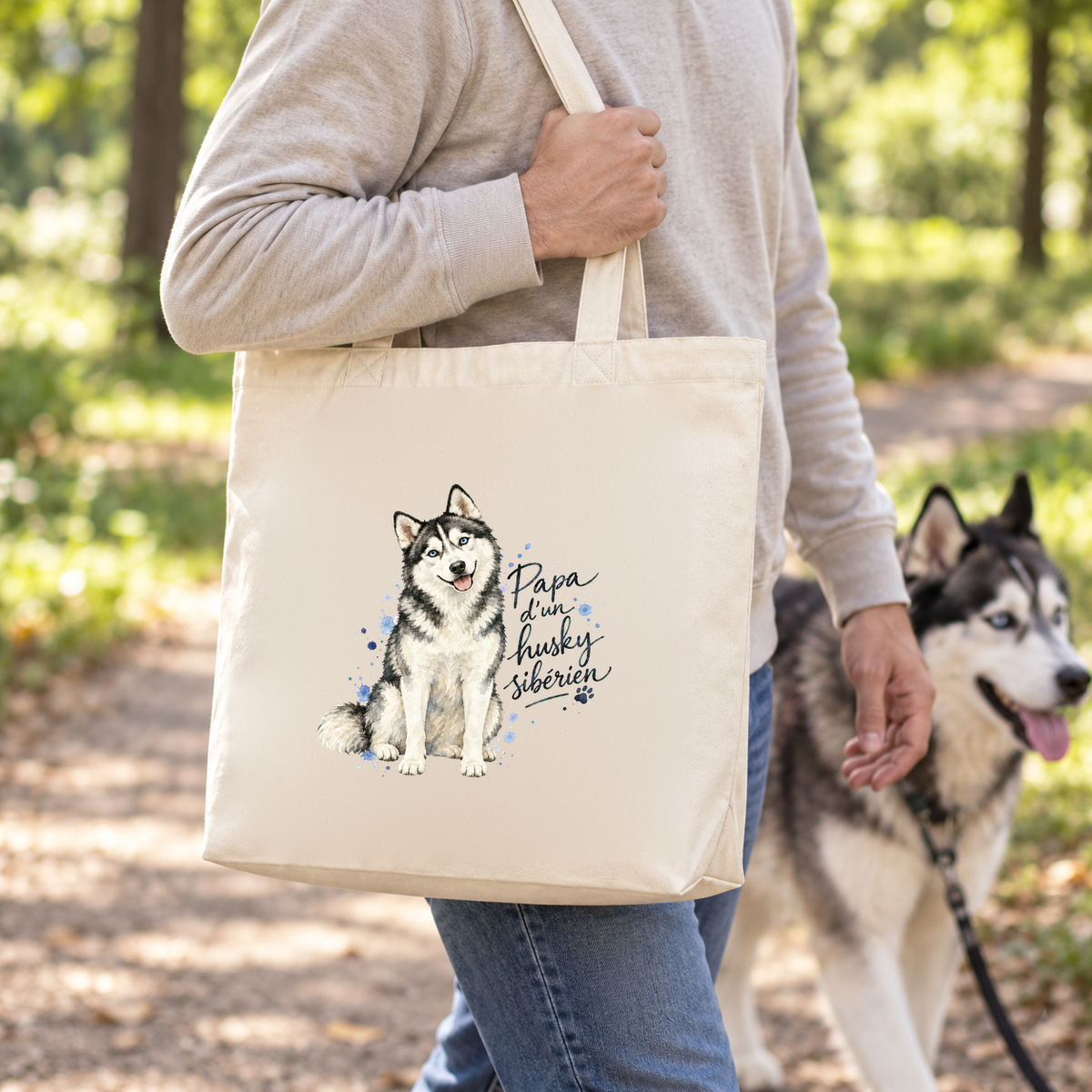 Tote bag husky sibérien « Papa d'un husky sibérien » Premium porté à l'épaule en balade, avec son husky