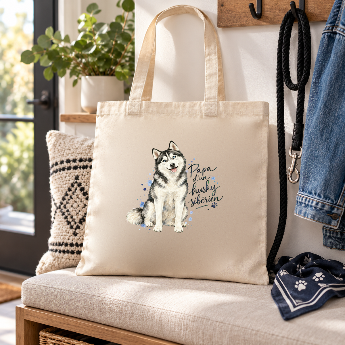 Tote bag husky sibérien « Papa d'un husky sibérien » Essentiel posé sur un banc d'entrée, à côté d'une laisse et d'un bandana